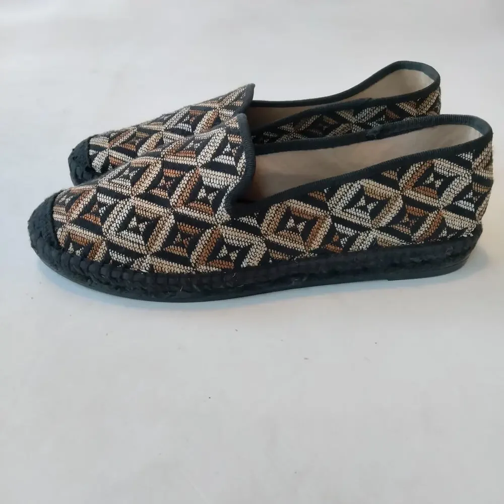 Kanna Sz 7 Woven Espadrille Loafer Black Diamond Pattern Slip On Flat Brown Tan
